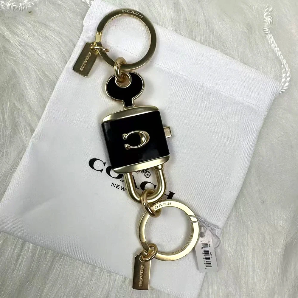Coach Black and Gold Padlock Keychain Card Holder Charm